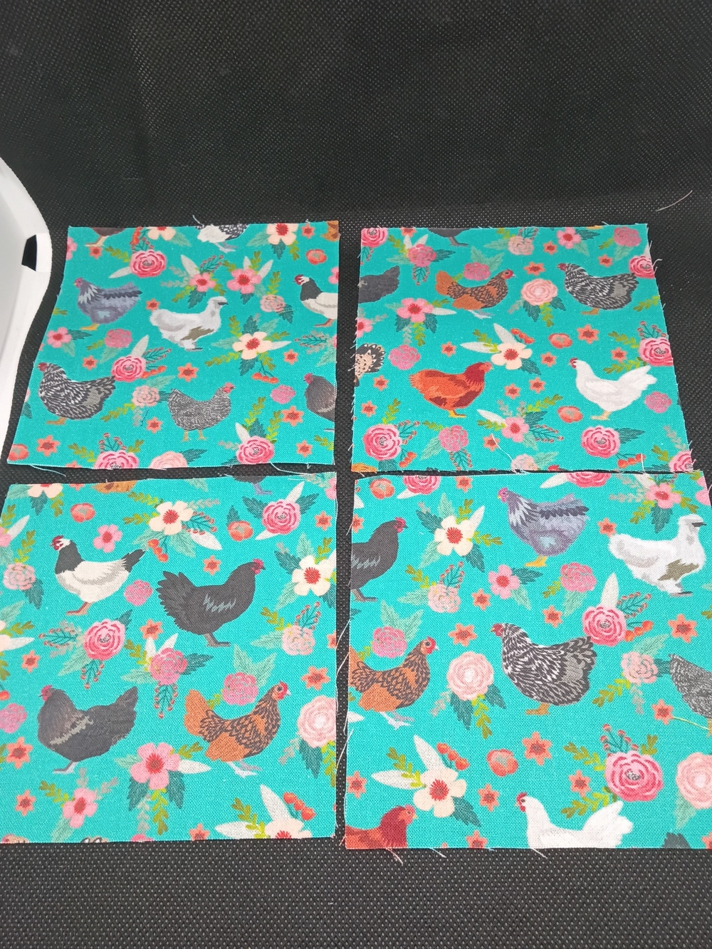 4 4.75 Inch Floral Chicken Print Teal Fabric Squares